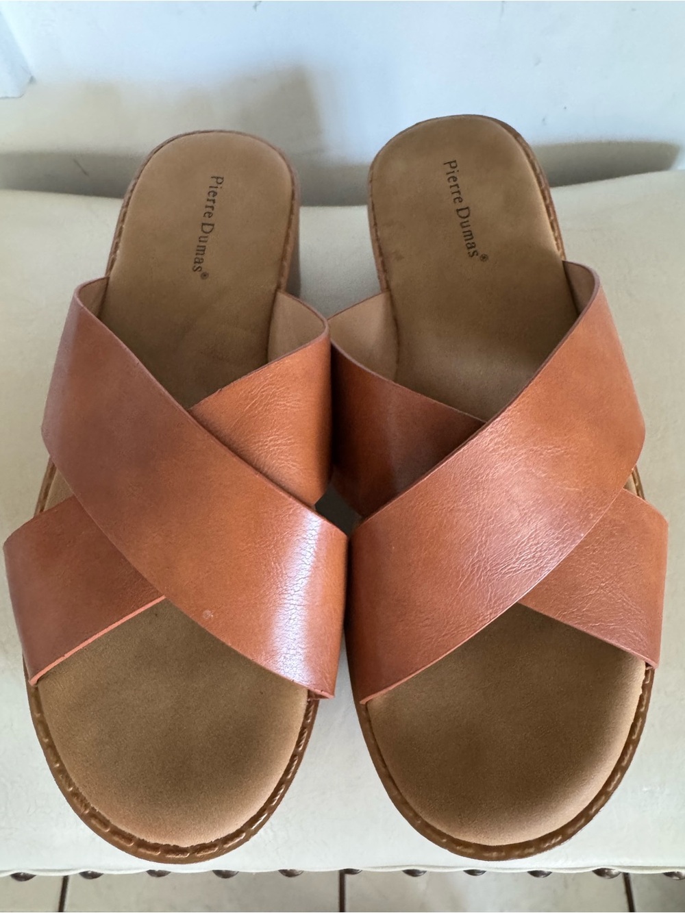 Pierre Dumas Cognac Cross-Strap Slide Mule Sandals